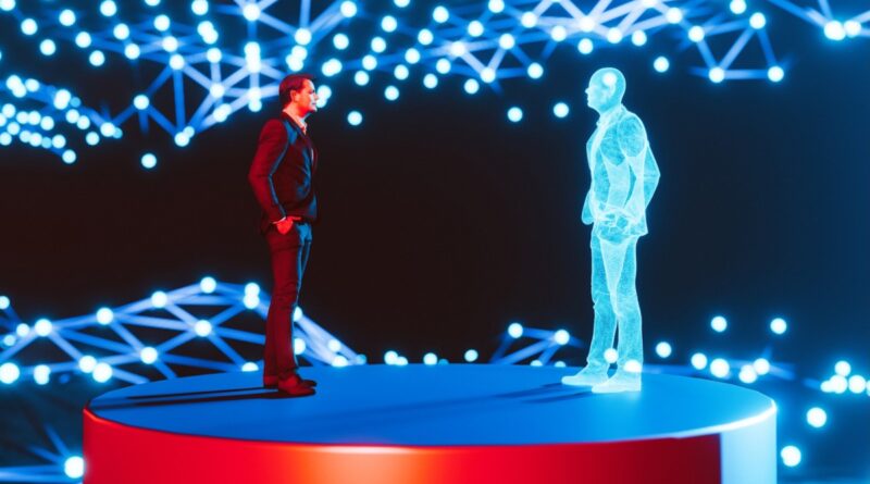 Man standing on a red platform, facing a holographic digital twin of himself. The background features a network of interconnected blue lights, creating a futuristic and high-tech atmosphere. The scene represents concepts of digital twins, virtual reality, and advanced technology.