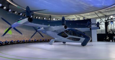 an electric air taxi paint in white sits on a platform at CES 2024