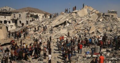 Palestinians inspect the site of a collapsed residential building, shortly after it was hit in an Israeli air strike, in Gaza City, September 8, 2025. [Dawoud Abu Alkas/Reuters]