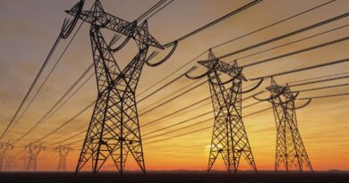 Power lines loom on the horizon at sunset.