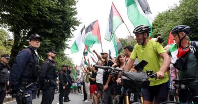 Police office look on at protesters with the flag of Palestine during stage 11 of Vuelta a Espana