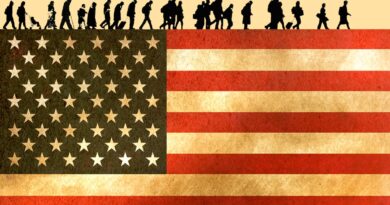 Illustration of silhouette refugees walking in line over American flag