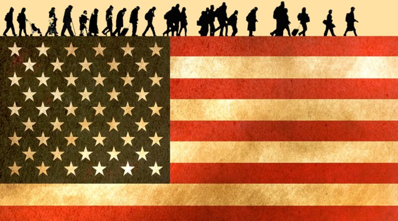 Illustration of silhouette refugees walking in line over American flag