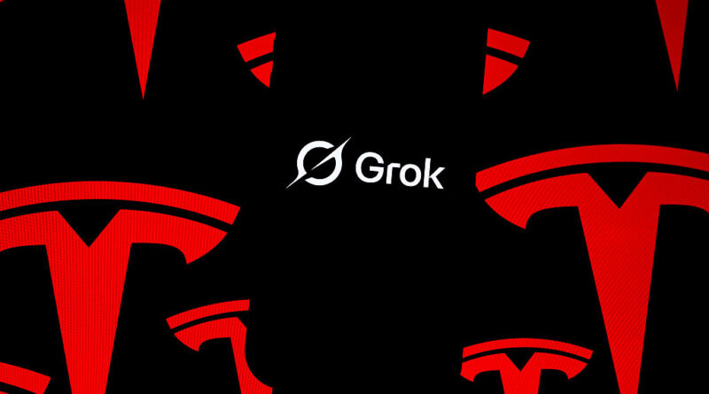 In this photo illustration, 'Grok' logo is seen displayed on a mobile phone screen in front of 'Tesla' logos.