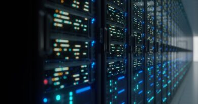 Modern data center with servers with lights on them.