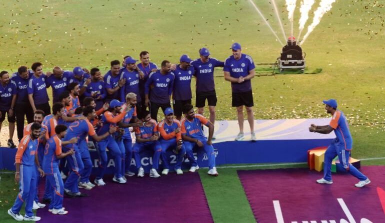 Cricket - Asia Cup - Final - India v Pakistan - Dubai International Cricket Stadium, Dubai, United Arab Emirates - September 29, 2025 India players celebrate winning the Asia Cup during the presentation ceremony REUTERS/Raghed Waked