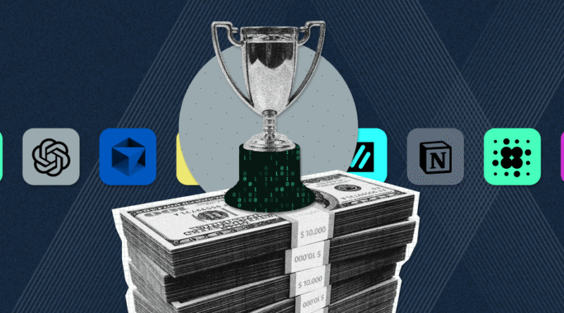 render of trophy atop stack of dollar bills