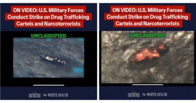 FILE PHOTO: A combination image shows two screen captures from a video posted on the X account of The White House on September 15, 2025, depicting what U.S. President Donald Trump said was a U.S. military strike on a Venezuelan drug cartel vessel that had been on its way to the United States, the second such strike carried out against a suspected drug boat in recent weeks. The White House/Handout via REUTERS. THIS IMAGE HAS BEEN SUPPLIED BY A THIRD PARTY. IMAGE BLURRED AT SOURCE Verification lines: Reuters checked the footage through our AI detection tool and found no evidence of manipulation. however, the footage is partly blurred, making it impossible to confirm if the video is manipulated. Thorough verification is an ongoing process, and Reuters will continue to review the footage as more information becomes available./File Photo