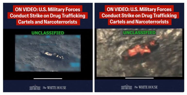 FILE PHOTO: A combination image shows two screen captures from a video posted on the X account of The White House on September 15, 2025, depicting what U.S. President Donald Trump said was a U.S. military strike on a Venezuelan drug cartel vessel that had been on its way to the United States, the second such strike carried out against a suspected drug boat in recent weeks. The White House/Handout via REUTERS. THIS IMAGE HAS BEEN SUPPLIED BY A THIRD PARTY. IMAGE BLURRED AT SOURCE Verification lines: Reuters checked the footage through our AI detection tool and found no evidence of manipulation. however, the footage is partly blurred, making it impossible to confirm if the video is manipulated. Thorough verification is an ongoing process, and Reuters will continue to review the footage as more information becomes available./File Photo