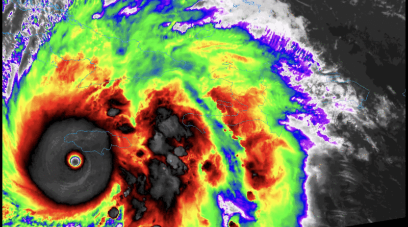 Jamaica in the eye of Hurricane Melissa, the strongest tropical cyclone on record. Credit: X