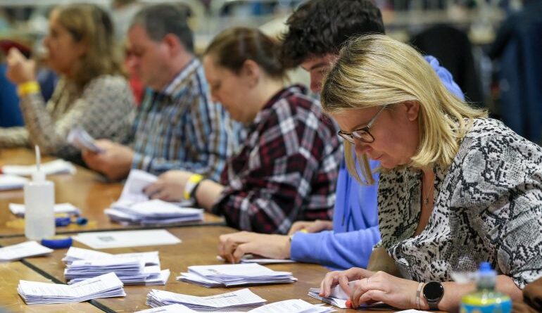 Counting of ballots takes place in the Irish Presidential election at the RDS count centre in Dublin City centre in Ireland on October 25, 2025.