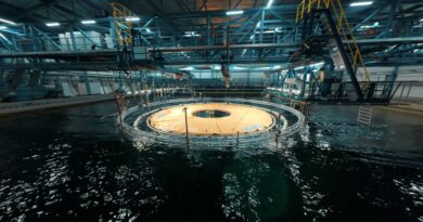 An orange plastic reservoir sits inside a wave tank in a testing facility.