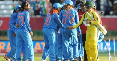 Australia's Alex Blackwell, right, shakes hands with India players during the ICC Women's World Cup 2017 semifinal match between Australia and India at County Ground in Derby, England, Thursday, July 20, 2017. (AP Photo/Rui Vieira)