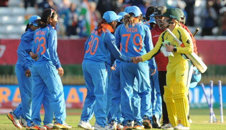 Australia's Alex Blackwell, right, shakes hands with India players during the ICC Women's World Cup 2017 semifinal match between Australia and India at County Ground in Derby, England, Thursday, July 20, 2017. (AP Photo/Rui Vieira)