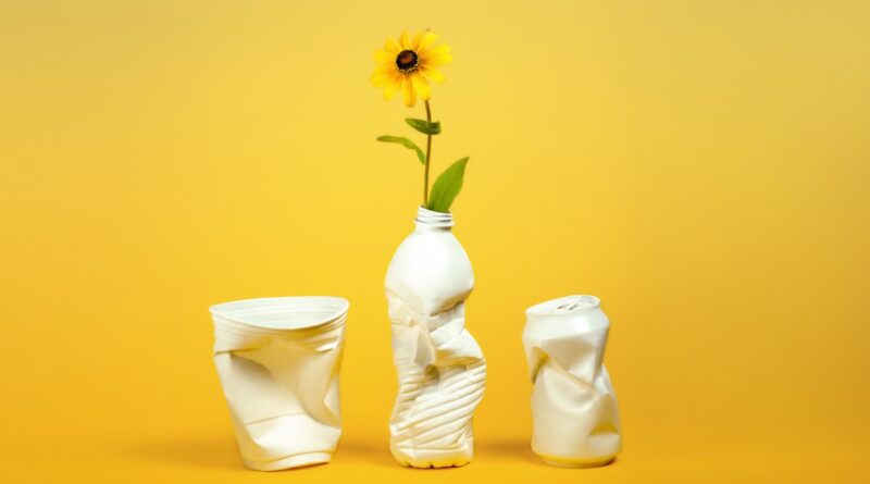 Plastic containers repurposed as vases