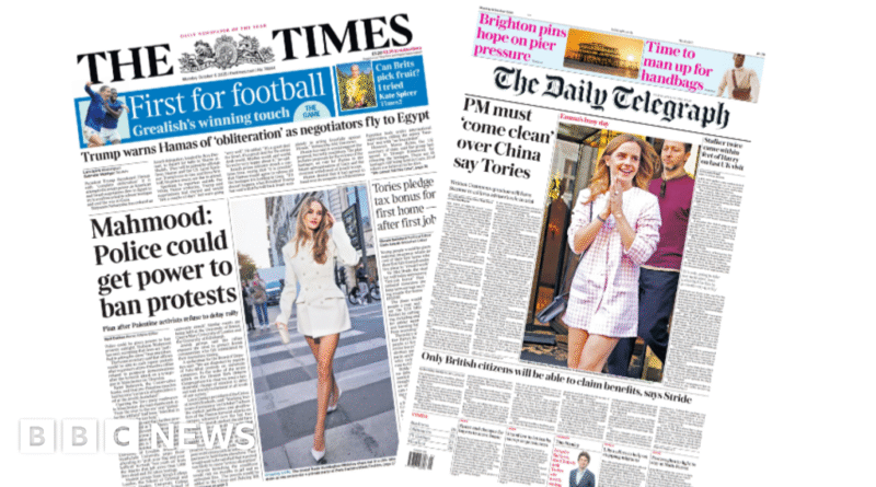 Newspaper headlines: 'Police could get power to ban protests' and 'PM must come clean over China'