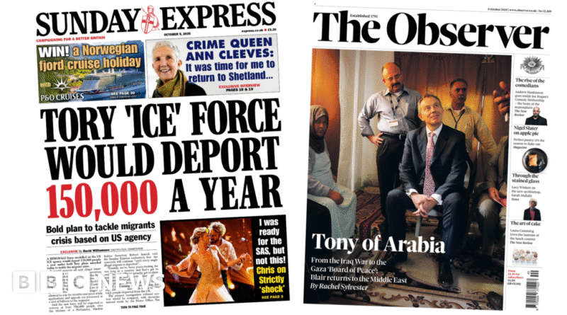 Newspaper headlines: 'Tory 'ICE' force would deport 150,000 a year' and 'Tony of Arabia'