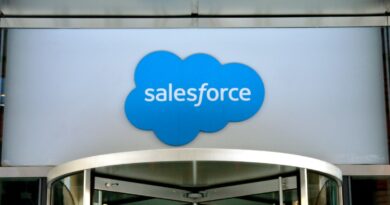 Close-up view of the logo at the entrance to the Salesforce office located at 111 West Illinois Street in Chicago, Illinois, January 2019.