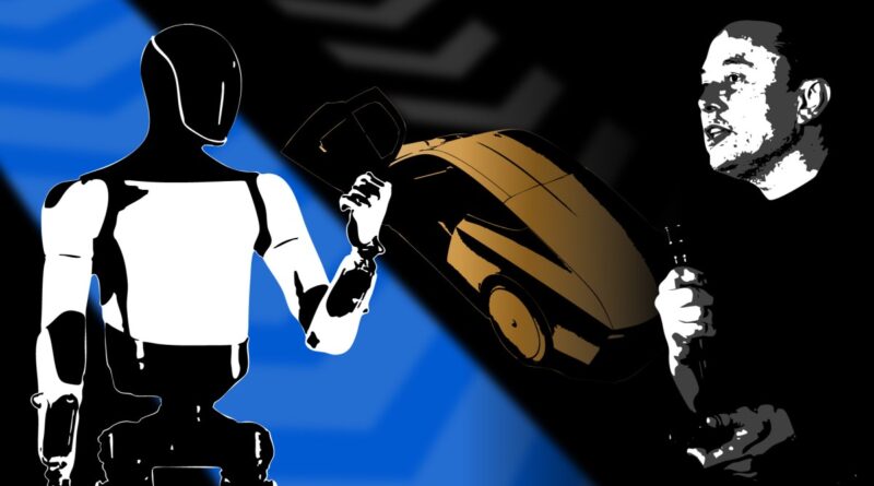 Illustration of Elon Musk, an Optimus robot and a Cybercab