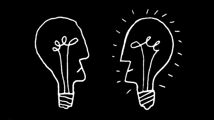 Illustration of two lightbulbs talking to each other