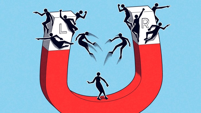 Illustration of a U-shaped magnet with its ends labelled L and R, with small people being drawn away from the middle to each end