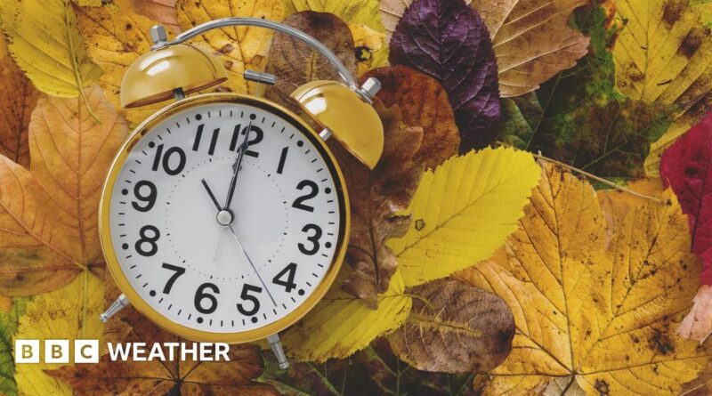 A stock photo of an old-fashioned analogue yellow alarm clock sitting on a pile of yellow, brown, green and red fallen leaves
