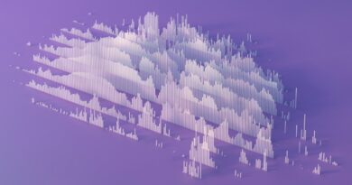 Digital generated image of abstract cloud / data visualization on purple background.