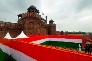 The front compound of the 17th century Mughal-era Red Fort monument is decorated in India's national colors for the country's Independence Day