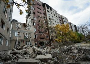 Apartment buildings damaged by a Russian military strike.