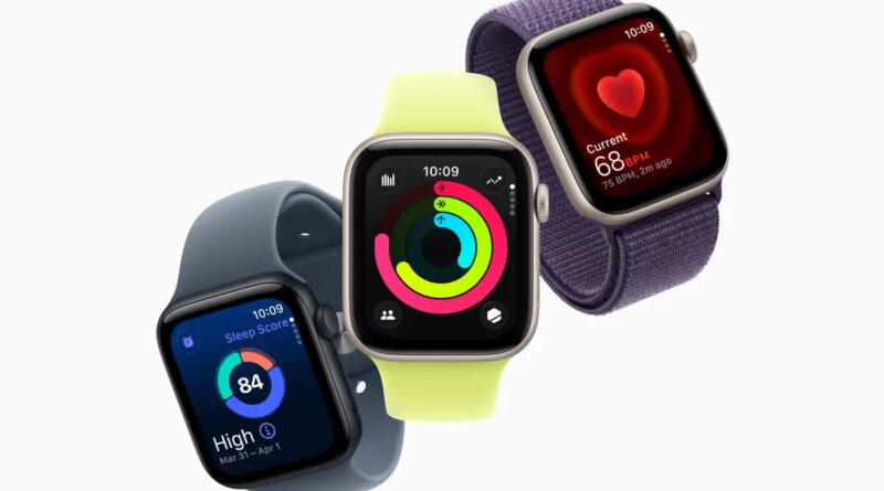 An image of three Apple Watch SE 3 models side by side showcasing different features: heart rate, sleep score, and fitness rings