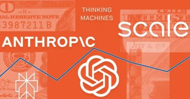 Logos of Anthropic, Thinking Machines Lab, Scale AI, OpenAI, and Perplexity AI overlaid on US dollar notes with a blue line chart