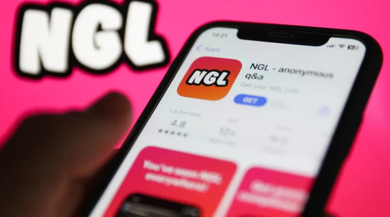 NGL on App Store displayed on a phone screen and NGL website displayed on a screen in the background are seen in this illustration photo