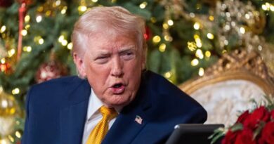Donald Trump speaks with a serious expression, seated near a decorated Christmas tree and holiday lights.