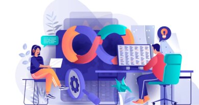 DevOps concept in flat design. Development operations scene template. Team of programmer working at laptop, coding, testing, engineering process. Vector illustration of people characters activities