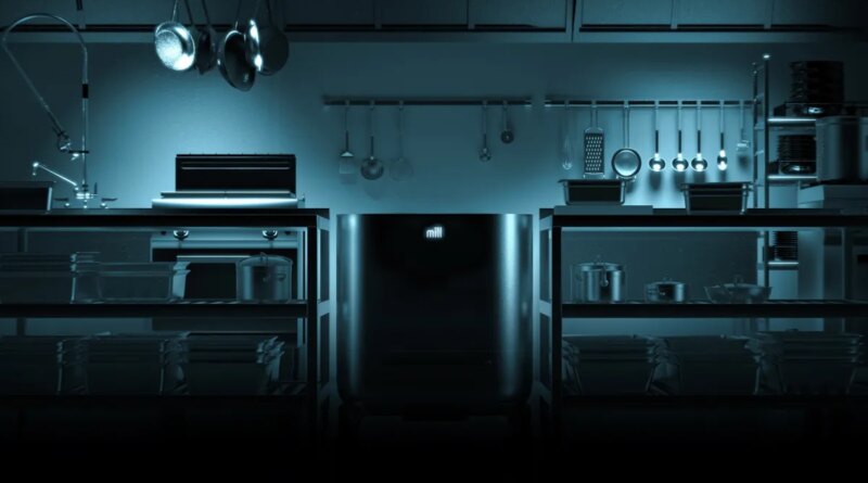 Mill's commercial food bin stands in a kitchen.