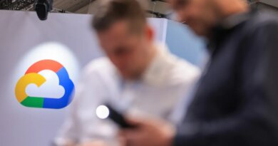 The Google Cloud logo at the company's booth at the Hannover Messe 2024 trade fair in Hannover, Germany, on Monday, April 22, 2024.