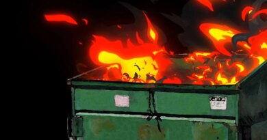 Dumpster Fire Cartoon Look on Black features a dumpster with hand-drawn cartoon fire coming out the top with a black background.