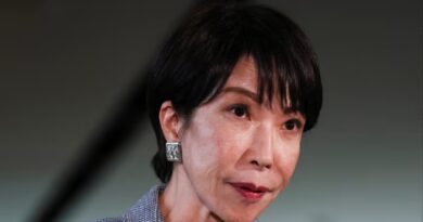 Sanae Takaichi speaks, wearing a gray blazer and square earrings, appearing serious.