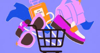 An illustration showing a shopping cart filled with luxury items, including perfume, sunglasses, a handbag, a shoe, and a watch
