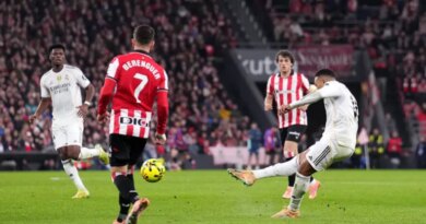 Kylian Mbappe of Real Madrid scores his team's third goal during the LaLiga EA Sports match at Athletic Club