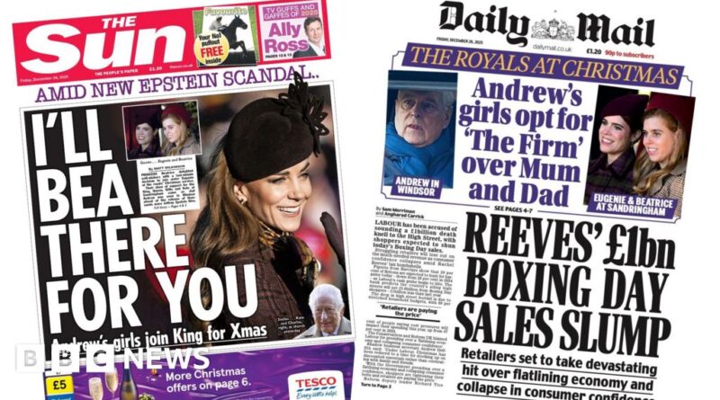 Newspaper headlines: 'I'll Bea there for you' and 'Boxing Day sales slump'