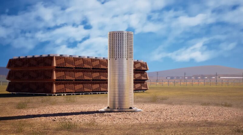 A rendering shows Last Energy's reactor standing in a field before an industrial plant.