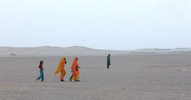 Sahrawi refugees walk near the Awserd Refugee Camp in the Tindouf Province of Algeria. Credit: UN Photo/Evan Schneider