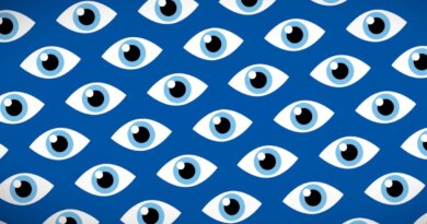 Illustrated patterned eyes on a blue background with a darkened vignette.