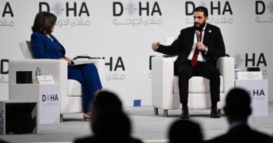 Syrian President Ahmed al-Sharaa (R) speaks during the opening day of the Doha Forum, an annual diplomatic conference, in Doha on December 6, 2025.