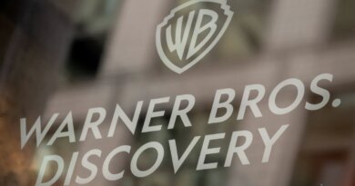 Signage at the Warner Bros. Discovery headquarters in New York