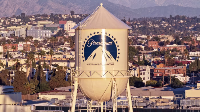 The Paramount Studios water tower with the Paramount logo and the words "A Skydance Corporation" above Los Angeles.