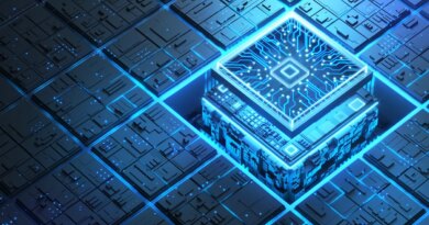 Blue glowing futuristic semiconductor and circuit board.