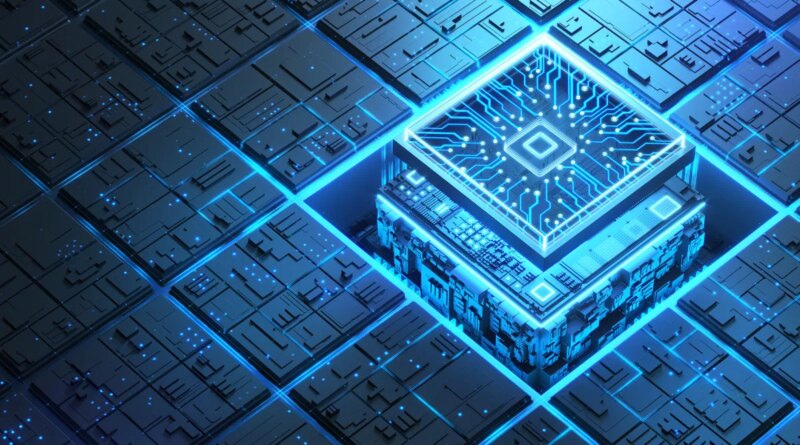 Blue glowing futuristic semiconductor and circuit board.