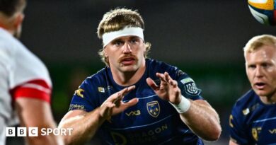 Dragons number eight Aaron Wainwright catches the ball against Ulster